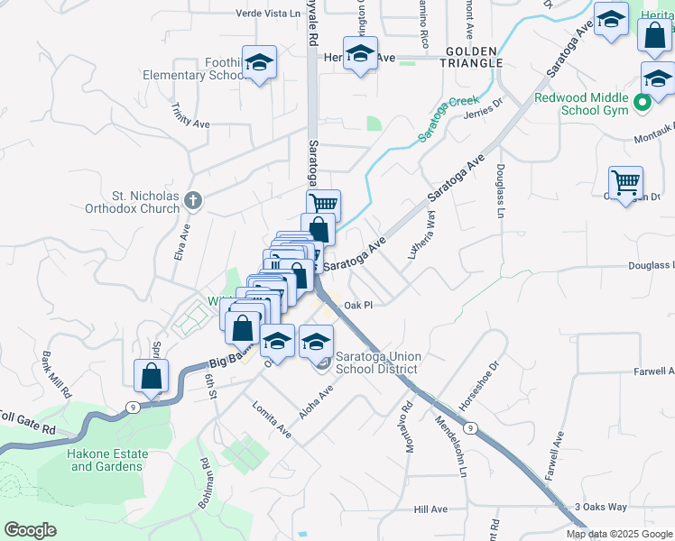 map of restaurants, bars, coffee shops, grocery stores, and more near 14370 Saratoga Avenue in Saratoga