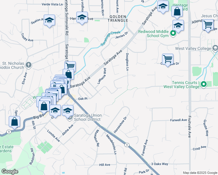 map of restaurants, bars, coffee shops, grocery stores, and more near 20063 Spaich Court in Saratoga