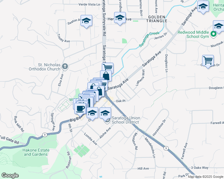map of restaurants, bars, coffee shops, grocery stores, and more near 14353 Saratoga Avenue in Saratoga