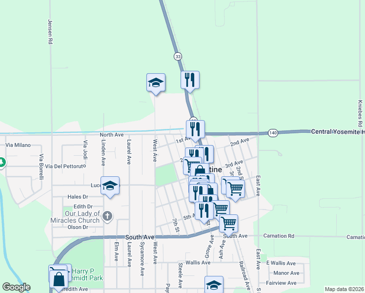 map of restaurants, bars, coffee shops, grocery stores, and more near 96 5th Street in Gustine