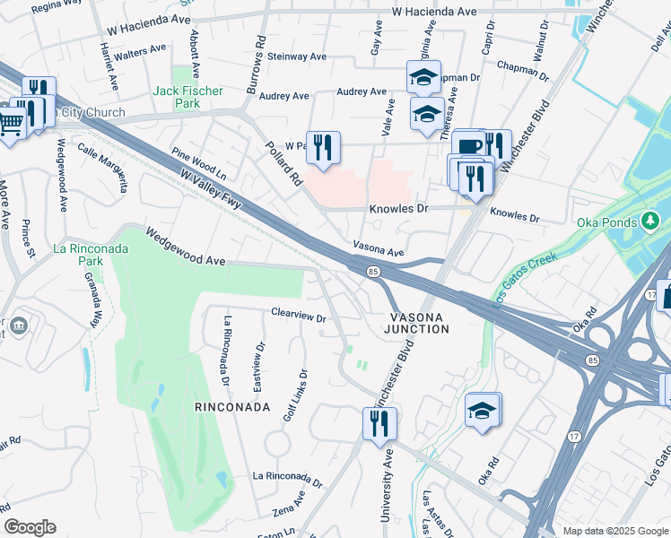 map of restaurants, bars, coffee shops, grocery stores, and more near 16667 Wedgewood Avenue in Los Gatos