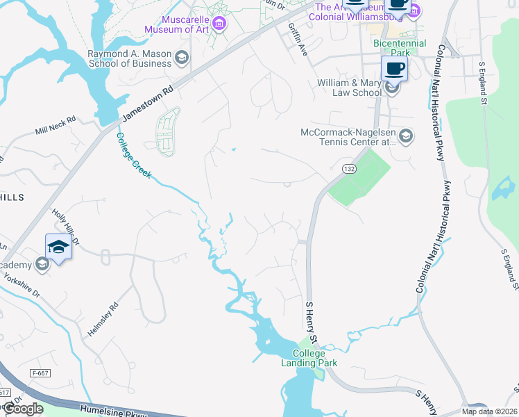 map of restaurants, bars, coffee shops, grocery stores, and more near 142 Ridings Cove in Williamsburg