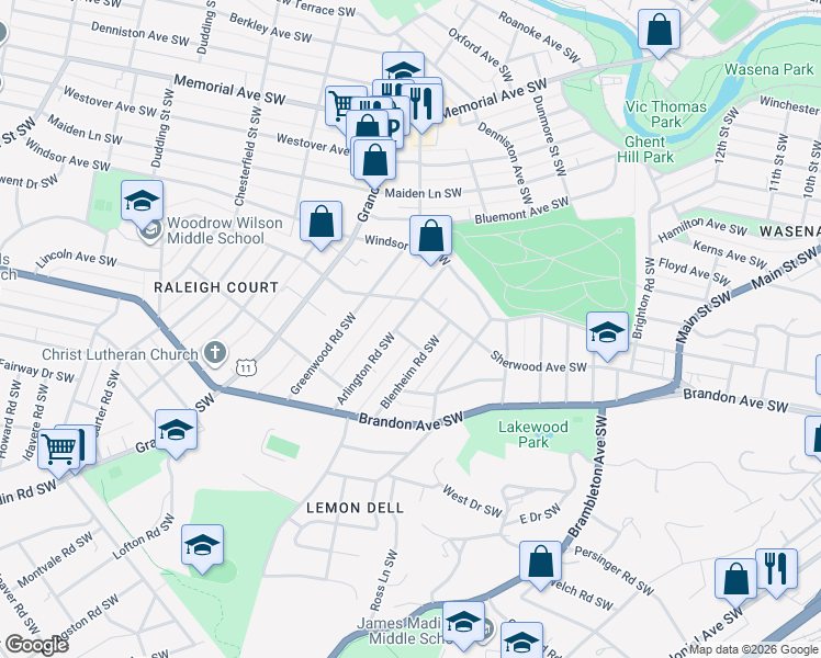 map of restaurants, bars, coffee shops, grocery stores, and more near 1700-1798 Sherwood Avenue Southwest in Roanoke