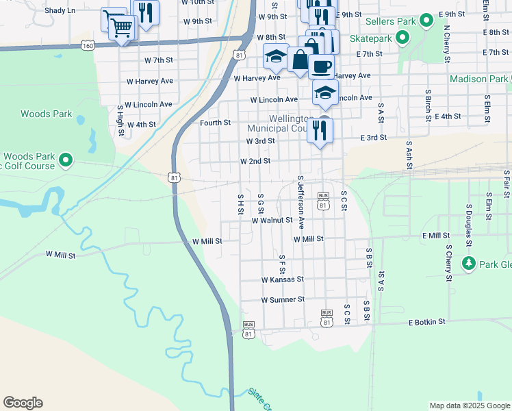 map of restaurants, bars, coffee shops, grocery stores, and more near 601-699 South H Street in Wellington