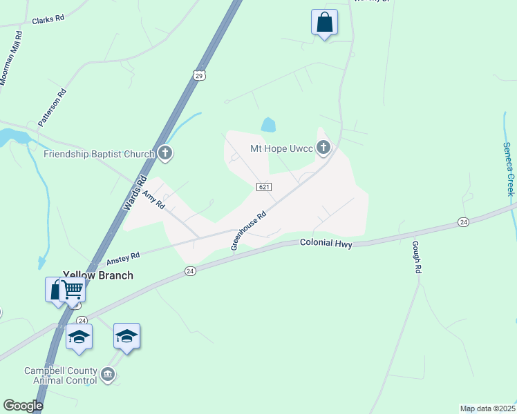 map of restaurants, bars, coffee shops, grocery stores, and more near 1451 Greenhouse Road in Rustburg