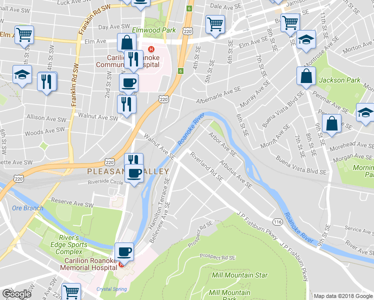 map of restaurants, bars, coffee shops, grocery stores, and more near 1102 Highway 116 in Roanoke