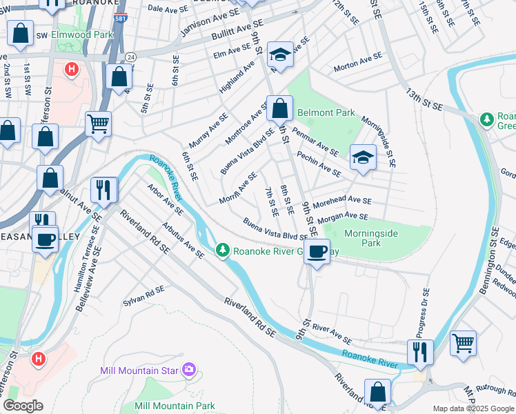 map of restaurants, bars, coffee shops, grocery stores, and more near 1441 6 1/2 Street Southeast in Roanoke