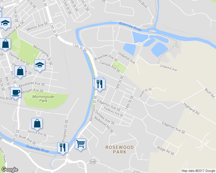 map of restaurants, bars, coffee shops, grocery stores, and more near 1539 Riverdale Road Southeast in Roanoke