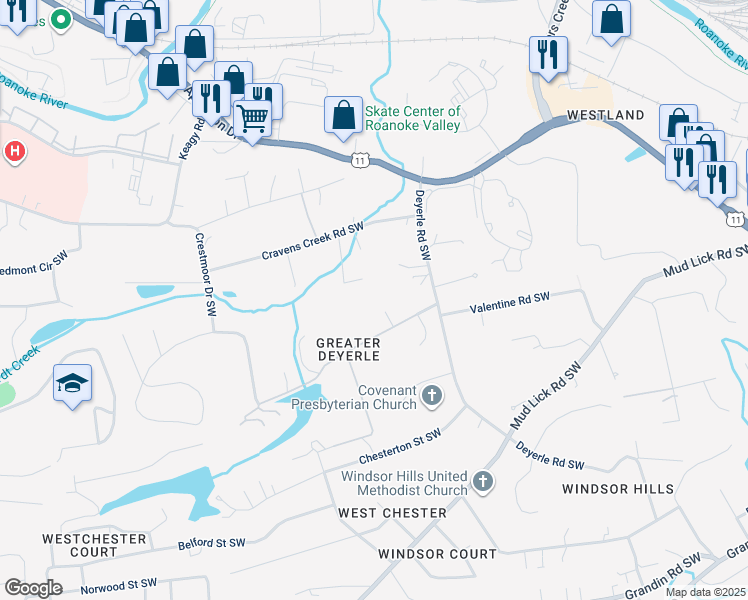 map of restaurants, bars, coffee shops, grocery stores, and more near 3643 South Lake Drive Southwest in Roanoke