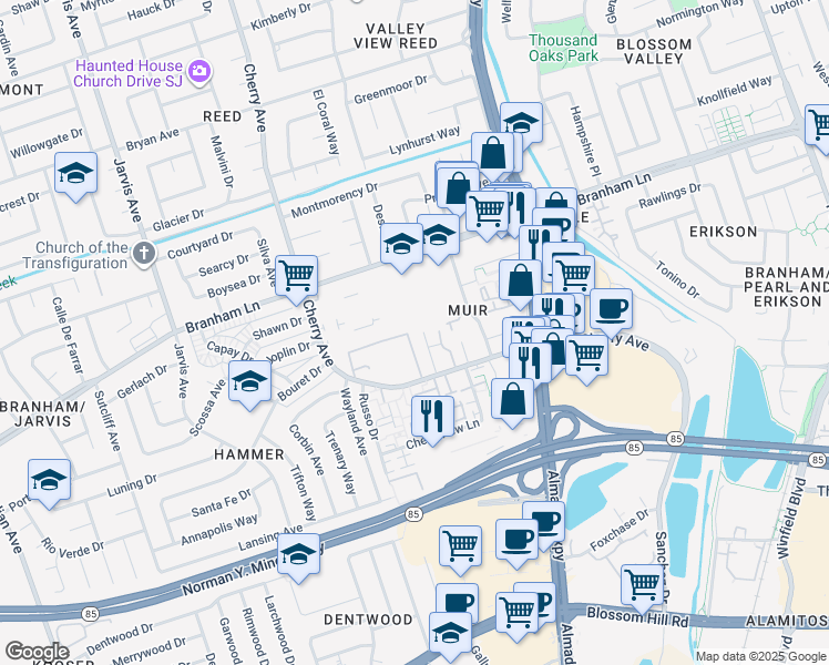 map of restaurants, bars, coffee shops, grocery stores, and more near 4965 Edgar Court in San Jose