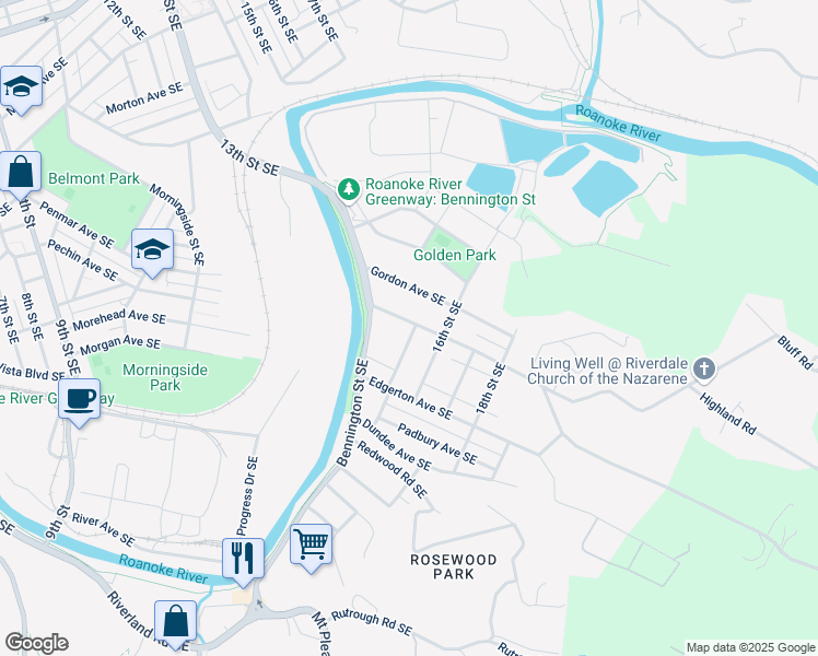 map of restaurants, bars, coffee shops, grocery stores, and more near 1539 Riverdale Road Southeast in Roanoke