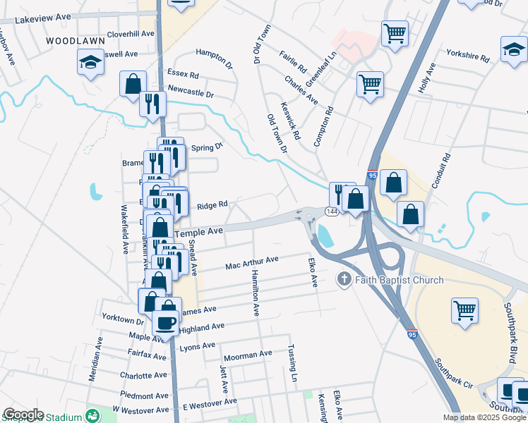 map of restaurants, bars, coffee shops, grocery stores, and more near 327 Ridge Road in Colonial Heights