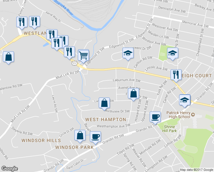 map of restaurants, bars, coffee shops, grocery stores, and more near 2729 Avenel Avenue Southwest in Roanoke