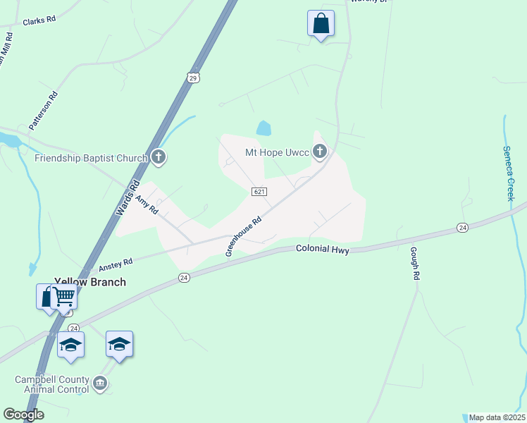 map of restaurants, bars, coffee shops, grocery stores, and more near 1451 Greenhouse Road in Rustburg