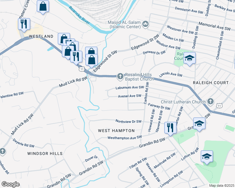 map of restaurants, bars, coffee shops, grocery stores, and more near 2729 Avenel Avenue Southwest in Roanoke