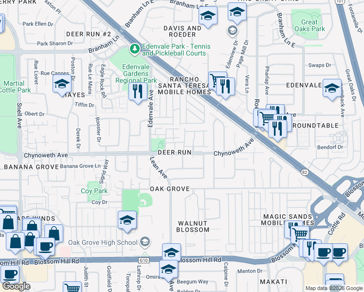 map of restaurants, bars, coffee shops, grocery stores, and more near in San Jose