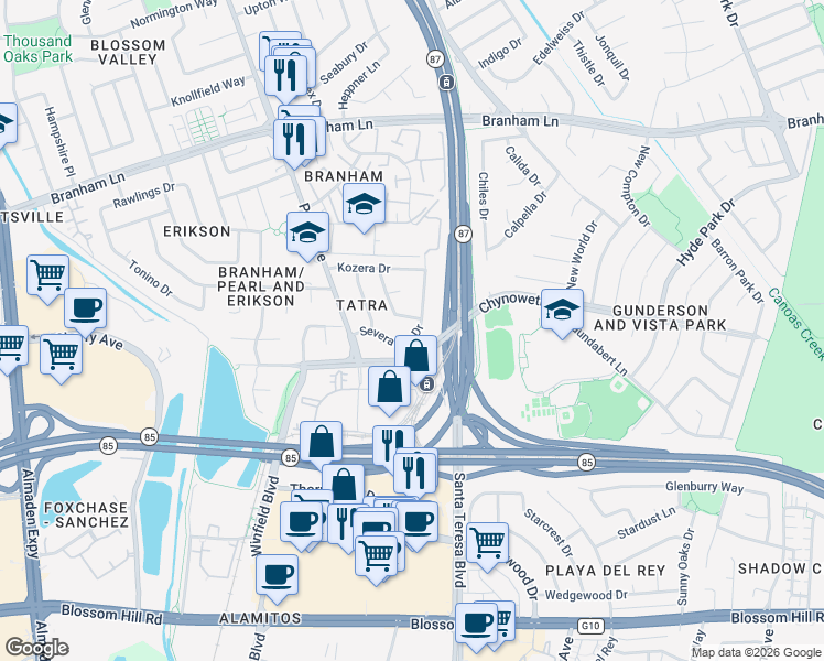 map of restaurants, bars, coffee shops, grocery stores, and more near 5044 Severance Drive in San Jose