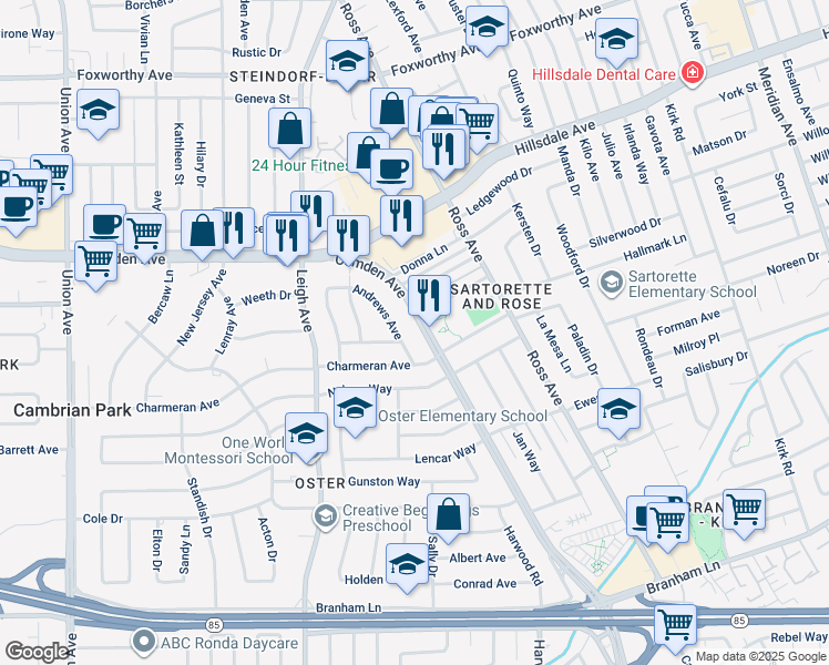 map of restaurants, bars, coffee shops, grocery stores, and more near 3873 Camden Avenue in San Jose