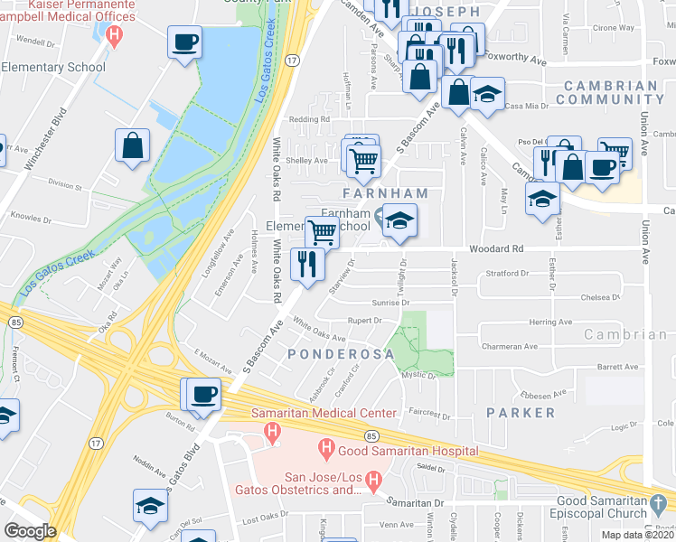 map of restaurants, bars, coffee shops, grocery stores, and more near 3725 Starview Drive in San Jose
