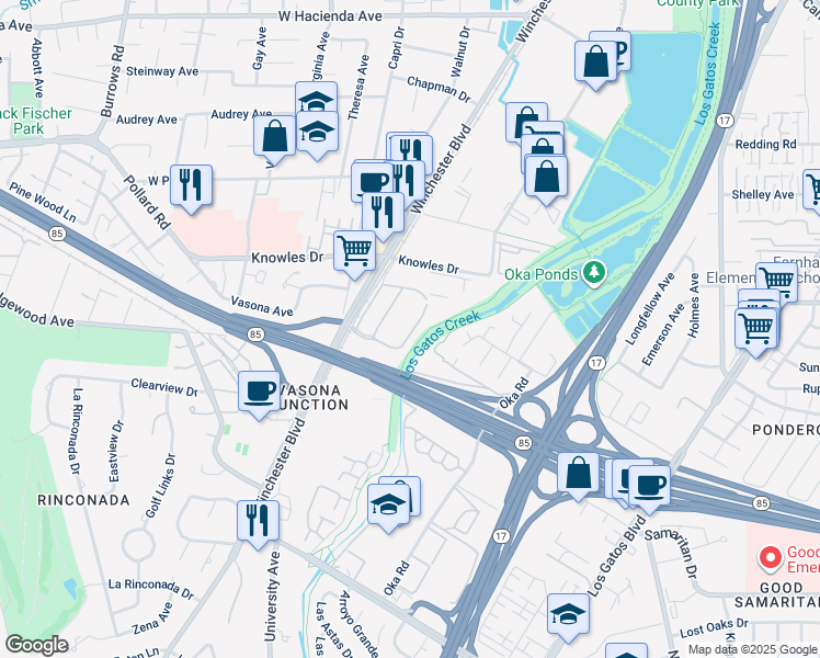 map of restaurants, bars, coffee shops, grocery stores, and more near 200 Winchester Circle in Los Gatos