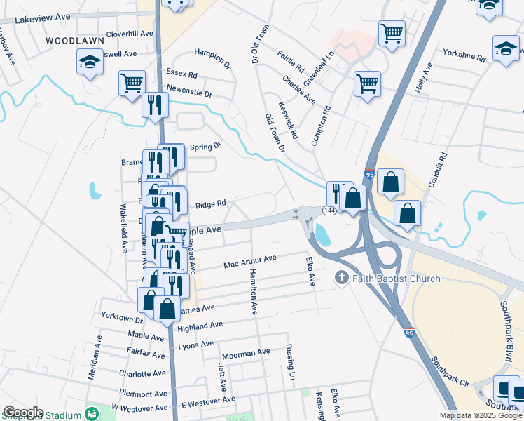 map of restaurants, bars, coffee shops, grocery stores, and more near 327 Ridge Road in Colonial Heights