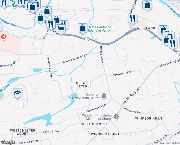 map of restaurants, bars, coffee shops, grocery stores, and more near 3643 South Lake Drive Southwest in Roanoke
