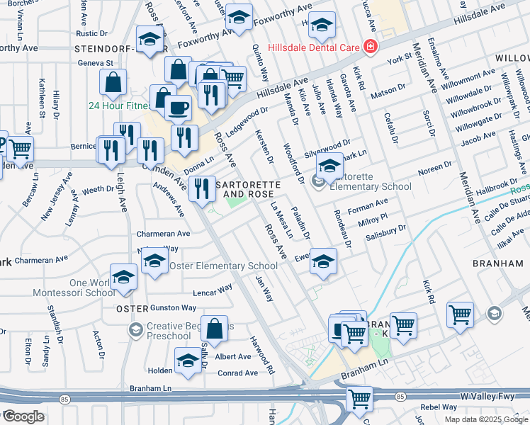 map of restaurants, bars, coffee shops, grocery stores, and more near 3888 Ross Avenue in San Jose