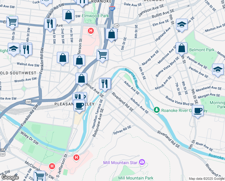 map of restaurants, bars, coffee shops, grocery stores, and more near 402 Riverland Road Southeast in Roanoke