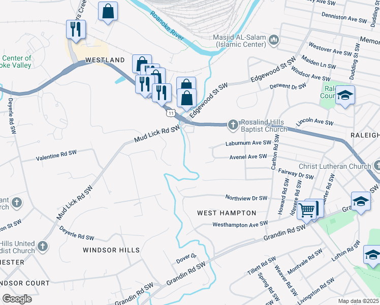 map of restaurants, bars, coffee shops, grocery stores, and more near 2116 Southall Place Southwest in Roanoke