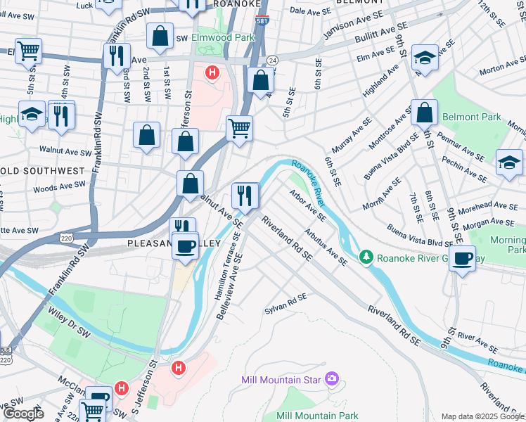 map of restaurants, bars, coffee shops, grocery stores, and more near 402 Riverland Road Southeast in Roanoke