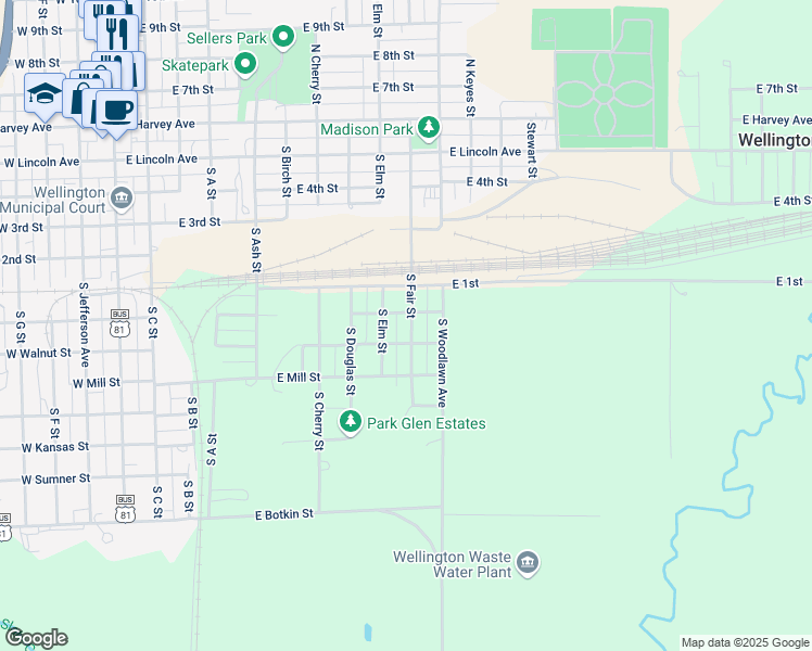map of restaurants, bars, coffee shops, grocery stores, and more near 1001-1047 East Maple Street in Wellington