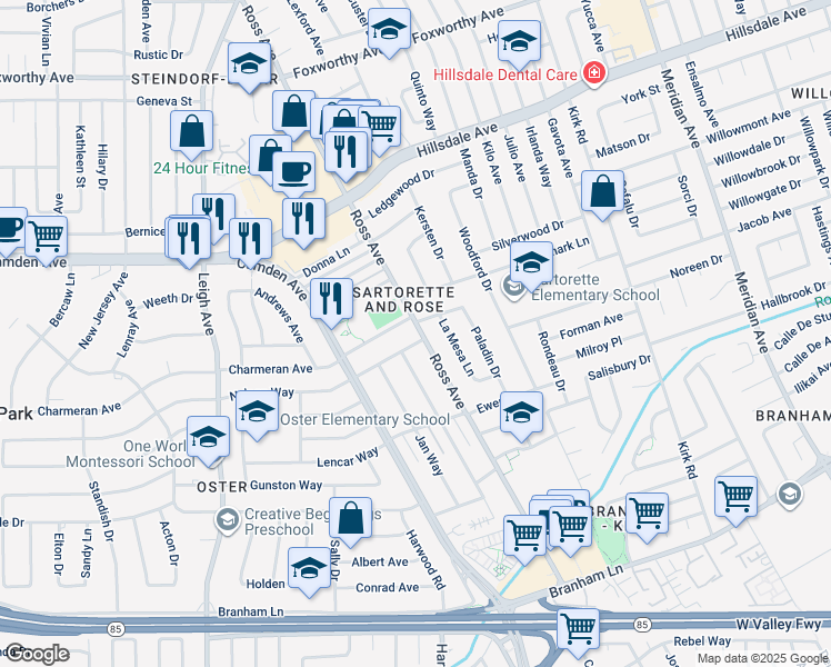 map of restaurants, bars, coffee shops, grocery stores, and more near 1771 Nelson Way in San Jose