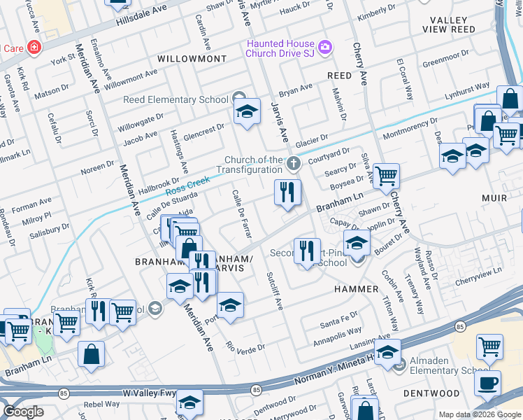map of restaurants, bars, coffee shops, grocery stores, and more near 4460 Lahaina Way in San Jose