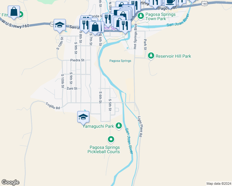 map of restaurants, bars, coffee shops, grocery stores, and more near 475 Zuni Street in Pagosa Springs
