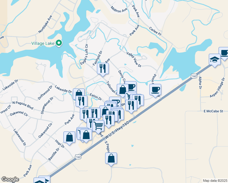 map of restaurants, bars, coffee shops, grocery stores, and more near 301 Talisman Drive in Pagosa Springs