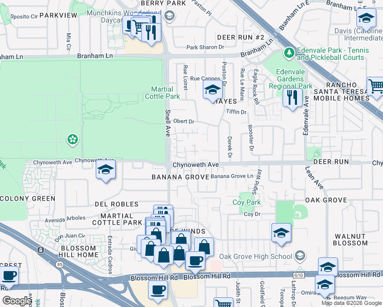 map of restaurants, bars, coffee shops, grocery stores, and more near 2502 Olivegate Lane in San Jose