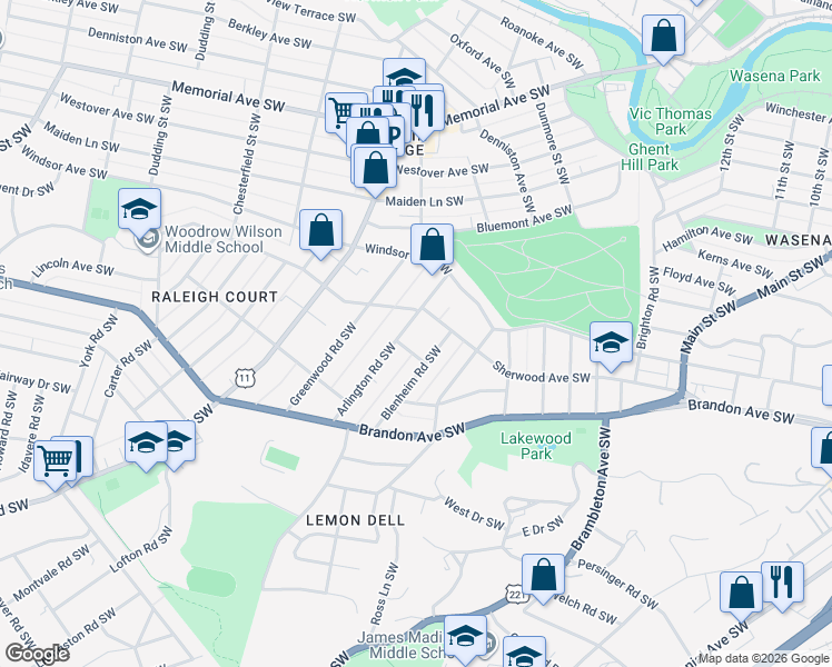 map of restaurants, bars, coffee shops, grocery stores, and more near 1700-1798 Sherwood Avenue Southwest in Roanoke