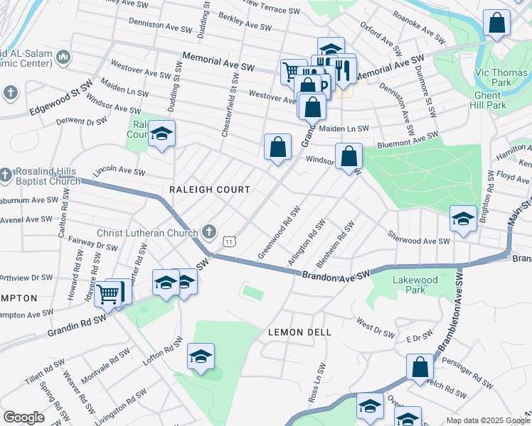 map of restaurants, bars, coffee shops, grocery stores, and more near 1806 Grandin Road Southwest in Roanoke