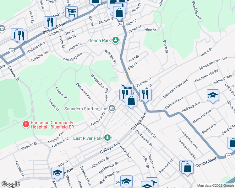 map of restaurants, bars, coffee shops, grocery stores, and more near 134 Williams Street in Bluefield
