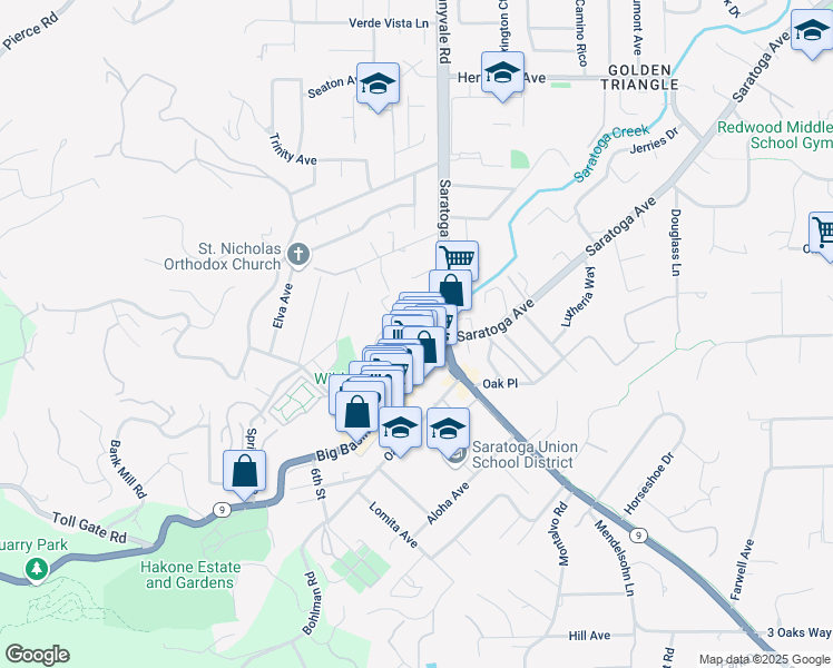 map of restaurants, bars, coffee shops, grocery stores, and more near 20510 Brookwood Lane in Saratoga