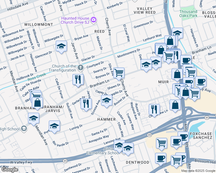map of restaurants, bars, coffee shops, grocery stores, and more near 1358 Branham Lane in San Jose