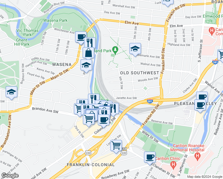 map of restaurants, bars, coffee shops, grocery stores, and more near 642 Janette Avenue Southwest in Roanoke
