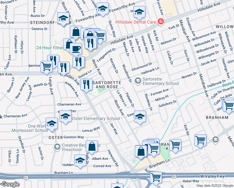 map of restaurants, bars, coffee shops, grocery stores, and more near 3923 La Mesa Lane in San Jose