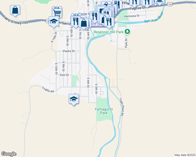 map of restaurants, bars, coffee shops, grocery stores, and more near 475 Zuni Street in Pagosa Springs