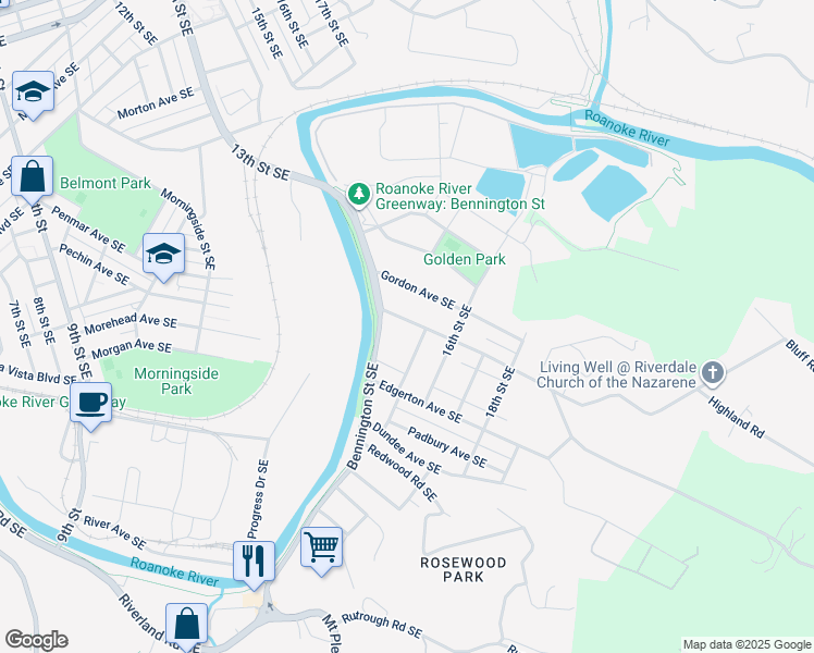 map of restaurants, bars, coffee shops, grocery stores, and more near 1527 Riverdale Road Southeast in Roanoke