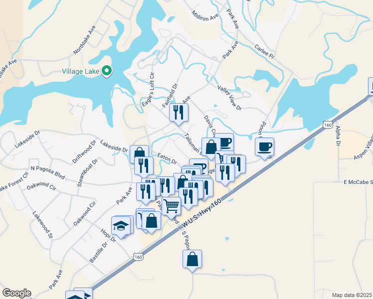 map of restaurants, bars, coffee shops, grocery stores, and more near 302 Talisman Drive in Pagosa Springs