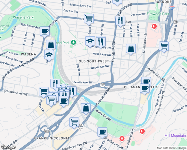 map of restaurants, bars, coffee shops, grocery stores, and more near King George Avenue Southwest in Roanoke