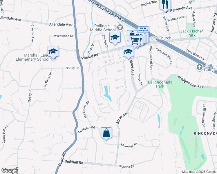 map of restaurants, bars, coffee shops, grocery stores, and more near 109 Vista Del Lago in Los Gatos