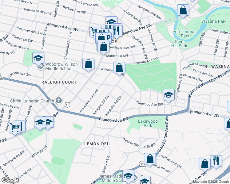map of restaurants, bars, coffee shops, grocery stores, and more near 1700-1798 Sherwood Avenue Southwest in Roanoke