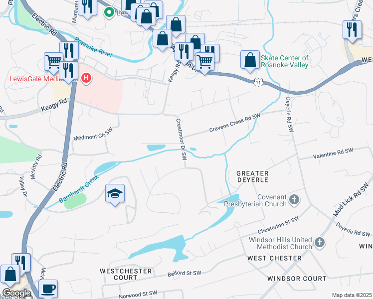 map of restaurants, bars, coffee shops, grocery stores, and more near 4420 Cravens Creek Road Southwest in Roanoke